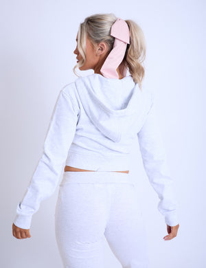 Kaiia Sport Cropped Zip Up Hoodie Light Grey Marl & Pink
