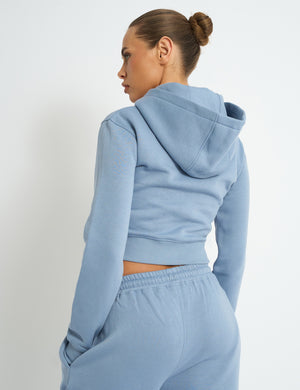 Kaiia Slogan Zip Through Cropped Hoodie Vintage Blue