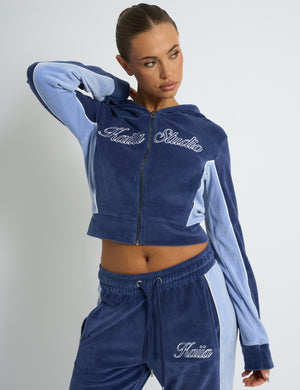 Kaiia Script Logo Panelled Velour Zip Up Hoodie Navy