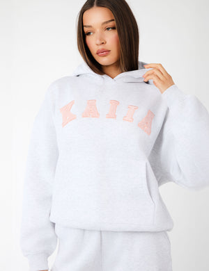 Kaiia Slogan Oversized Hoodie Light Grey Marl & Dusty Pink