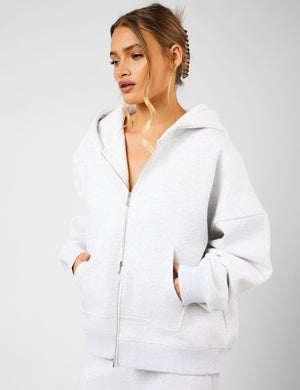 Kaiia Script Logo Oversized Double Ended Zip Through Hoodie Light Grey Marl