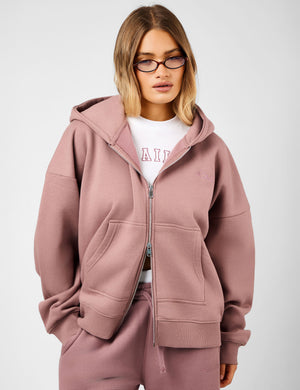 Kaiia Script Logo Double Ended Zip Through Oversized Hoodie Rosewood