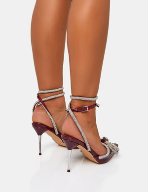 Midnight Burgundy Patent Wrap Around Diamante Bow Pointed Court Mid Heel