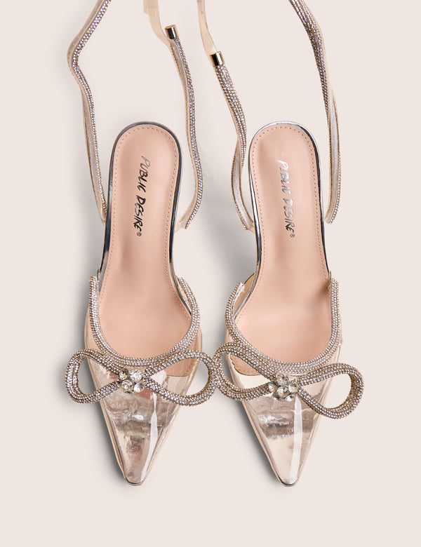 Midnight Clear Perspex Wrap Around Diamante Bow Pointed Toe High Heels