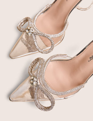 Midnight Clear Perspex Wrap Around Diamante Bow Pointed Toe High Heels