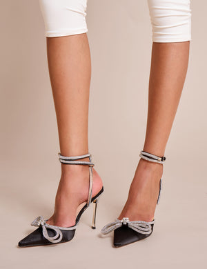 Midnight Black Wrap Around Diamante Bow Pointed Toe High Heels