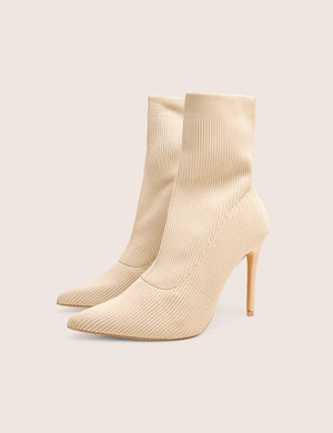 Mirival Off White Knitted Stiletto Sock Pointed Toe Ankle Boots