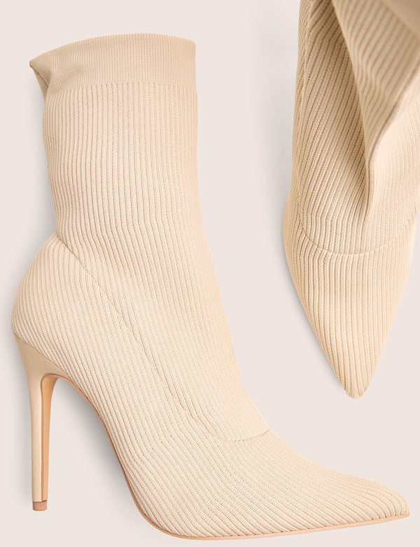 Mirival Off White Knitted Stiletto Sock Pointed Toe Ankle Boots