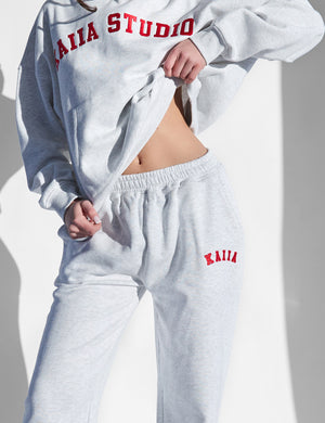 Kaiia Logo Wide Leg Joggers Light Grey Marl and Red