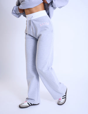 Kaiia Contrast Waistband Wide Leg Sweat Pants Grey Marl & Pink
