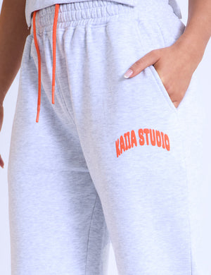 Kaiia Studio Bubble Logo Wide Leg Sweat Pants Light Grey Marl & Orange