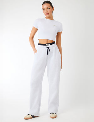 Kaiia Label Logo Exposed Waistband Wide Leg Joggers Light Grey Marl