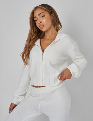 Kaiia Knitted Zip Up Hoodie in Cream