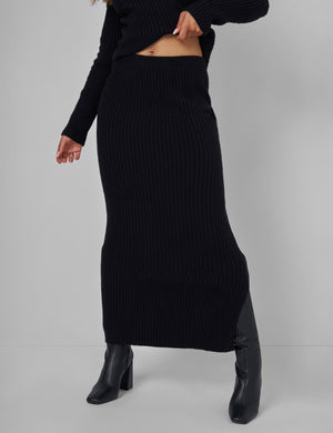 Kaiia Knitted Midi Side Split Skirt Co-ord in Black