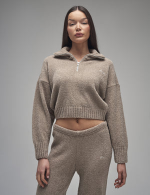 Kaiia Knit Fold Over Collar Quarter Zip Sweater Taupe