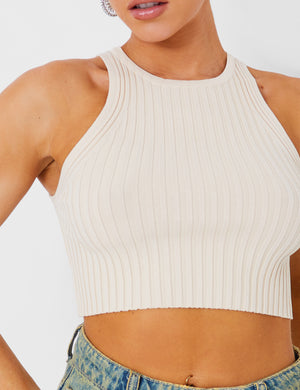 Knitted Ribbed Racer Top Beige
