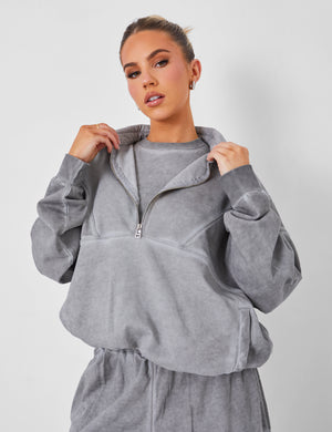 Half Zip Oversized Sweatshirt Co-ord Washed Grey