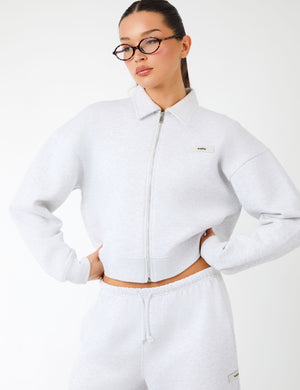 Kaiia Label Logo Collared Zip Through Sweatshirt Light Grey Marl