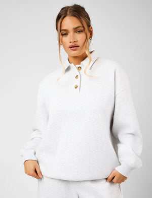 Kaiia Script Logo Button Detail Collar Sweatshirt Light Grey Marl
