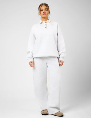 Kaiia Script Logo Button Detail Collar Sweatshirt Light Grey Marl