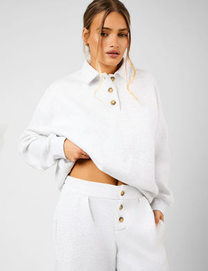 Kaiia Script Logo Button Detail Collar Sweatshirt Light Grey Marl