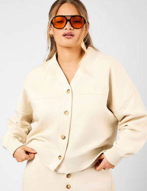 Kaiia Script Logo Button Down Detail Sweat Cardigan Crème
