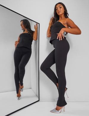 Kaiia Ribbed Bandeau Side Split Top Black