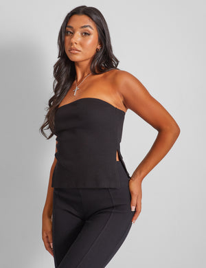 Kaiia Ribbed Bandeau Side Split Top Black