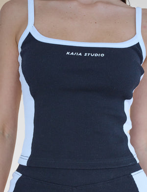 Kaiia Studio Contrast Panel Ribbed Vest Top Black & White