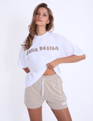 Kaiia Design Embroidered Bubble Logo Oversized T-Shirt White & Light Stone