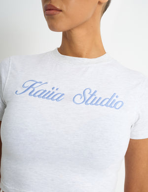 Kaiia Script Logo Baby Tee Light Grey Marl & Vintage Blue