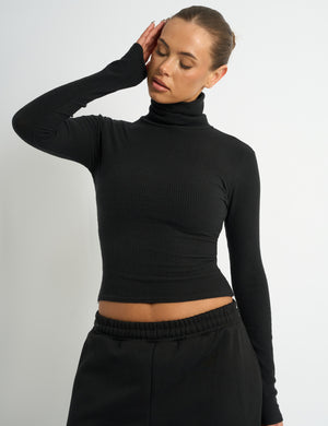 Kaiia Rib Roll Neck Long Sleeve Top Black
