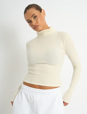 Kaiia Rib Roll Neck Long Sleeve Top Ivory