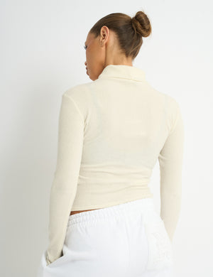 Kaiia Rib Roll Neck Long Sleeve Top Ivory