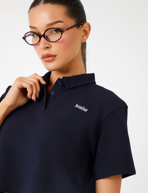 Kaiia Label Logo Short Sleeve Crop Polo Top Navy