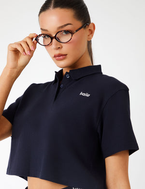 Kaiia Label Logo Short Sleeve Crop Polo Top Navy