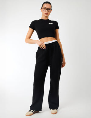 Kaiia Label Logo Exposed Waistband Wide Leg Joggers Black