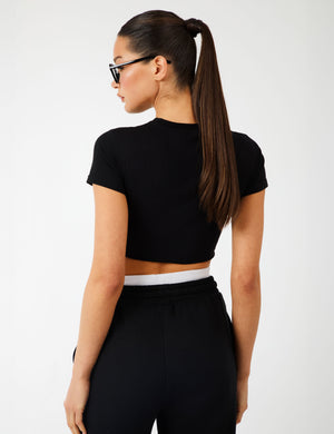 Kaiia Label Logo Exposed Waistband Wide Leg Joggers Black