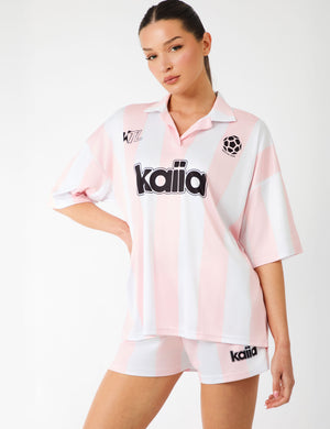 Kaiia Collared Oversized Football Shirt Pink Stripe