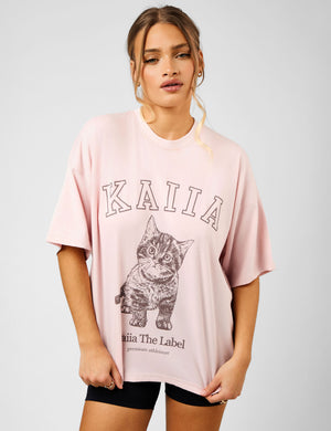 Kaiia Oversized Kitten Graphic T-Shirt Dusty Pink