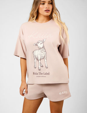Kaiia Oversized Spring Lamb Graphic T-Shirt Champagne
