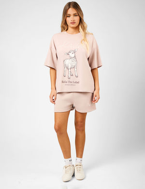 Kaiia Oversized Spring Lamb Graphic T-Shirt Champagne