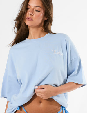 Kaiia Sur La Vacances Back Graphic Oversized T-Shirt Baby Blue