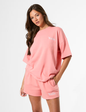 Kaiia Miami Beach Back Graphic Oversized T-Shirt Bright Coral