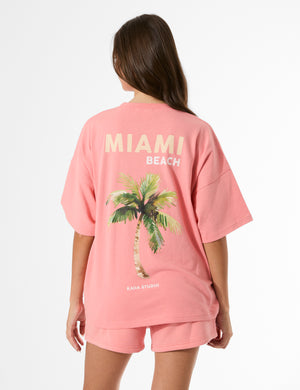Kaiia Miami Beach Back Graphic Oversized T-Shirt Bright Coral