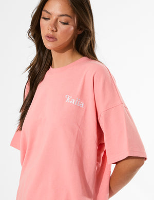 Kaiia Miami Beach Back Graphic Oversized T-Shirt Bright Coral