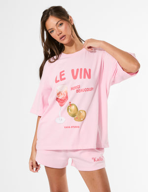 Kaiia Le Vin Graphic Oversized T-Shirt Baby Pink