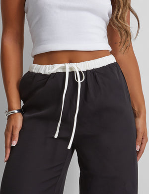 Kaiia Wide Leg Contrast Waist Wide Leg Trousers in Black and White