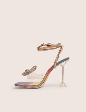Glimmer Multi Holographic Wrap Around Diamante Bow Square Toe Heels