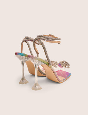 Glimmer Multi Holographic Wrap Around Diamante Bow Square Toe Heels